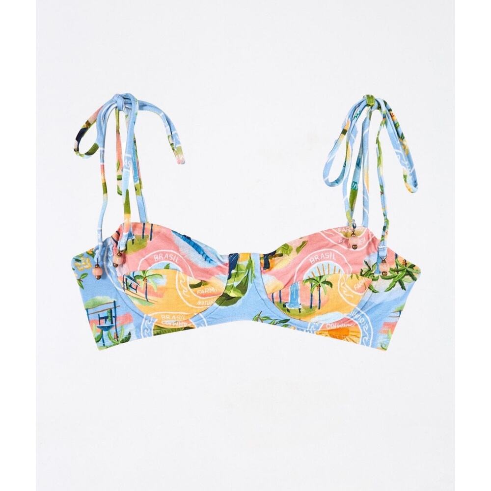 FARM Rio Blue Rio Stamps Bra Bikini Underwire Top Tropical Print Swim Swimsuit L